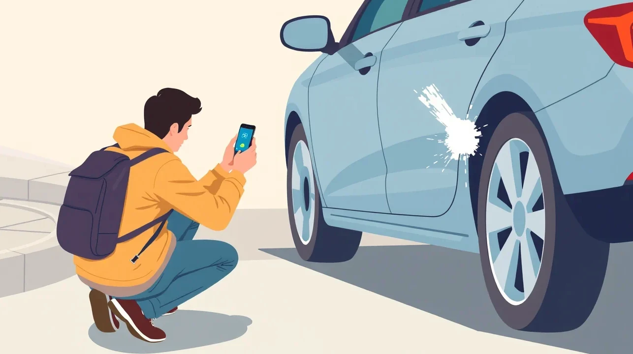 Vodič vypĺňa záznam o dopravnej nehode pri poškodenom automobile v zimnom počasí