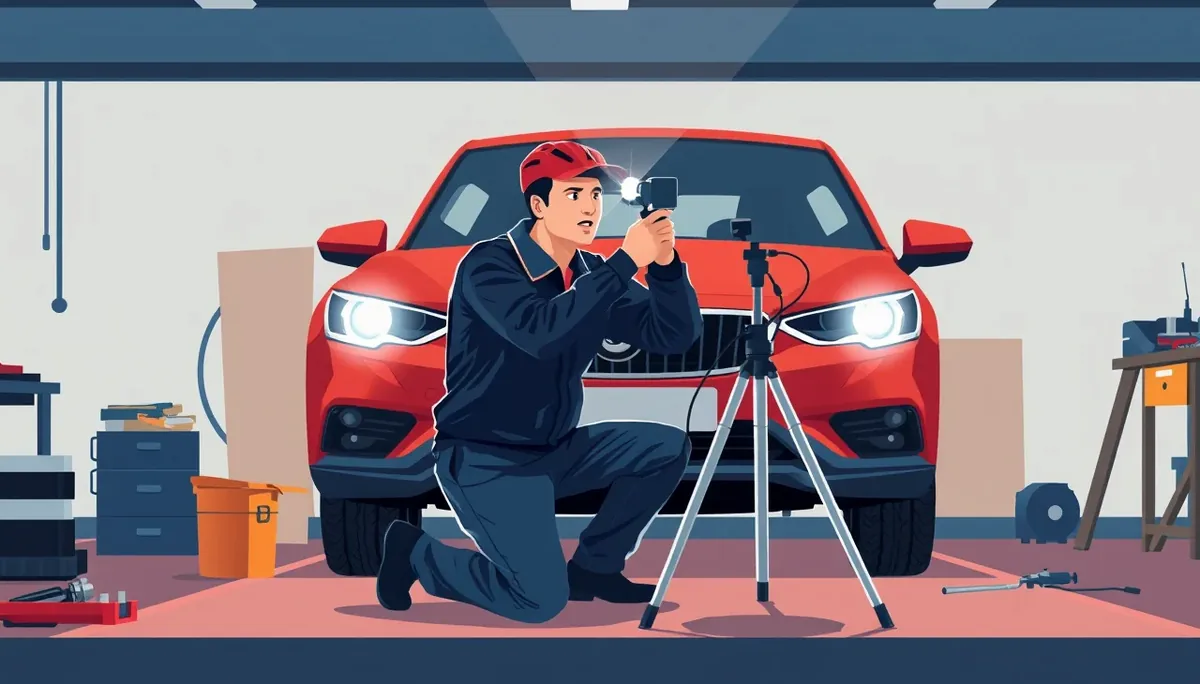 Mechanik nastavuje sklon a asymetriu predných svetlometov na regloskope v autoservise