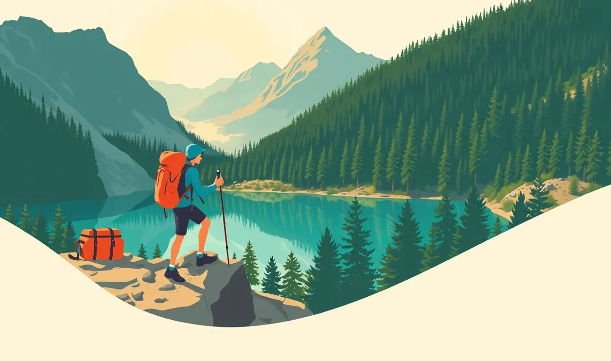 Turista s batohom kráča po horskom chodníku v kanadskom národnom parku Banff