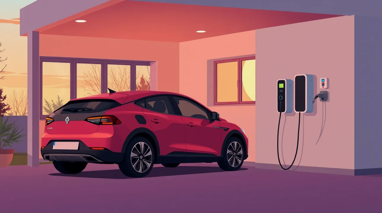 Nástenná nabíjacia stanica pripojená k elektrickému autu v modernej garáži