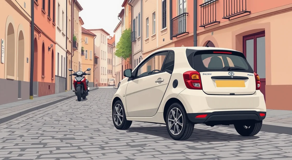 Mestský automobil Fiat 500 zaparkovaný v uličke historického centra