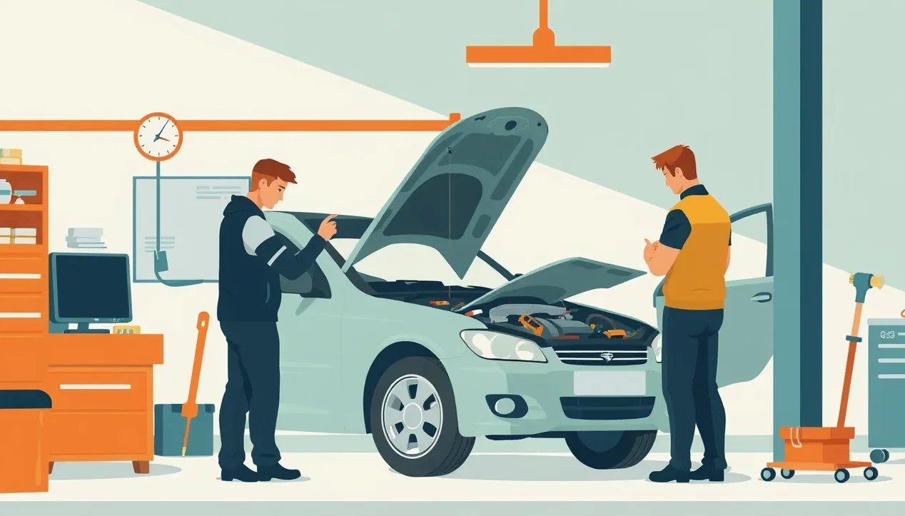 Mechanik v autoservise preveruje poškodenie predného nárazníka vozidla
