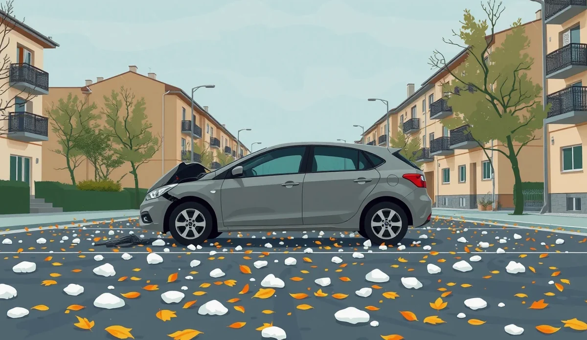 Detail krupobitím poškodenej kapoty automobilu po letnej búrke