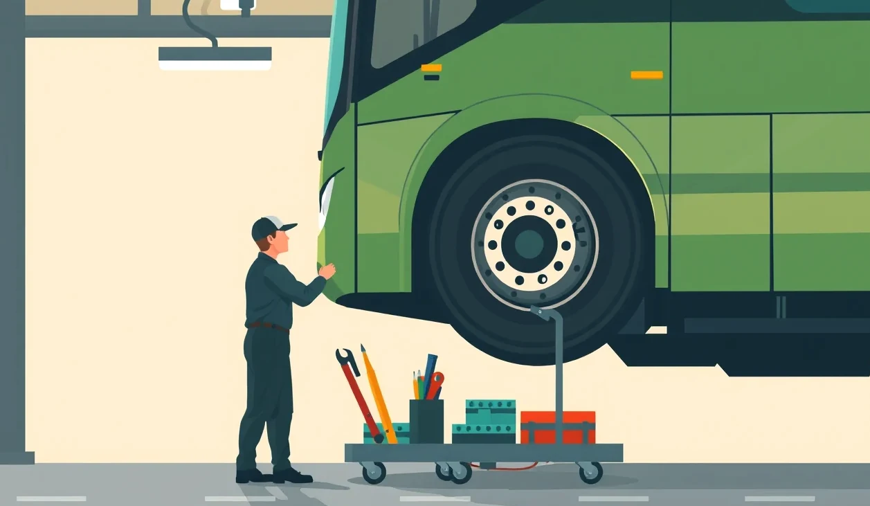 Technik vykonávajúci kontrolu bŕzd a podvozku autobusu v servise