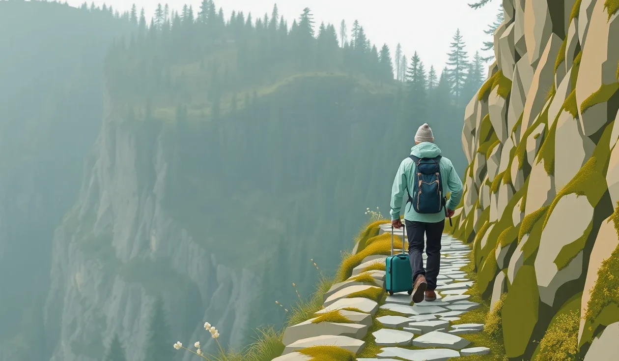 Turistický batoh s trekovými palicami a položeným fotoaparátom na vyhliadke Pico do Arieiro