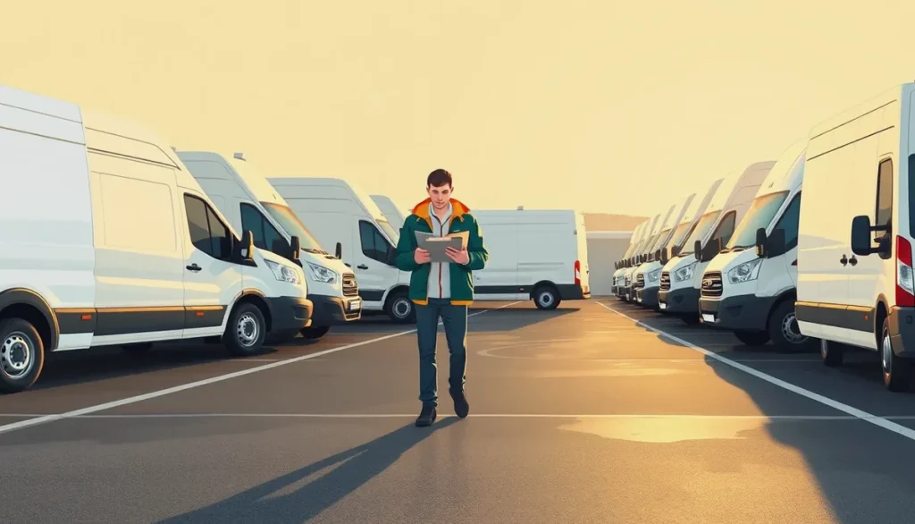 Rad bielych firemných dodávok zaparkovaných pred skladom logistickej spoločnosti