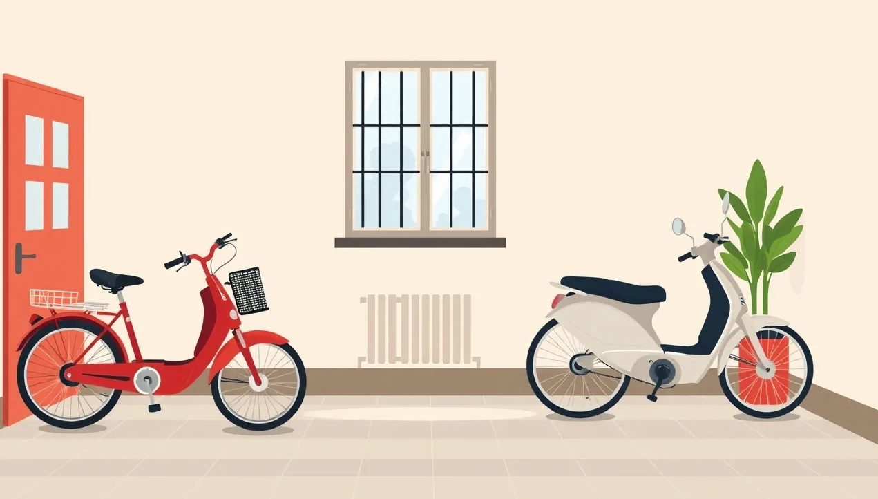 Bicykle a kolobežky odložené v spoločnej kočikárni panelového domu