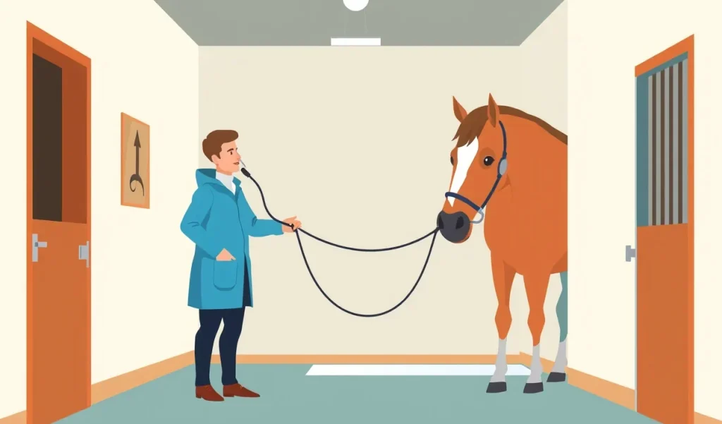 Veterinárny lekár kontroluje zdravotný stav koňa v stajni