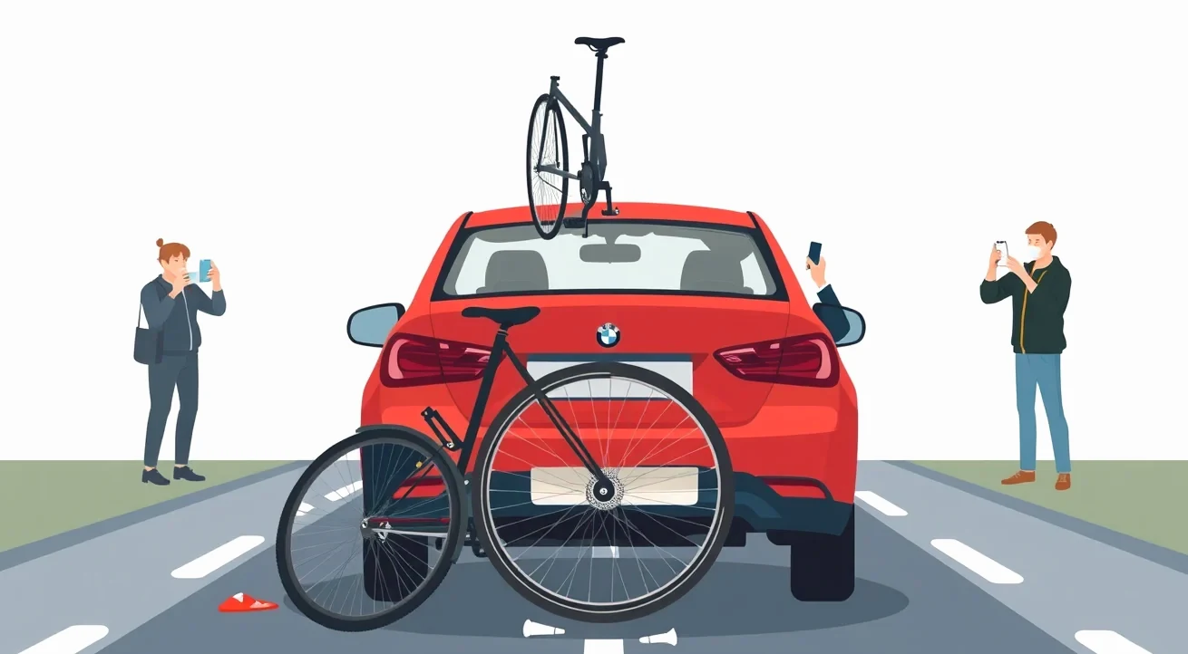 Nosič bicyklov na ťažnom zariadení s riadne upevnenou treťou tabuľkou s evidenčným číslom