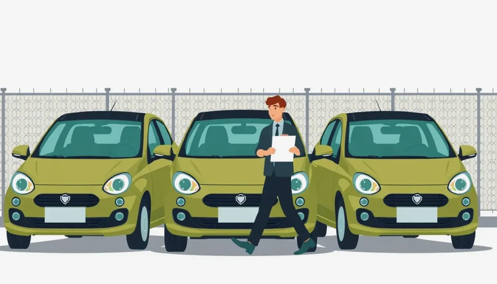 Vodič kontroluje stav prenajatého zdieľaného auta pomocou mobilnej aplikácie na parkovisku