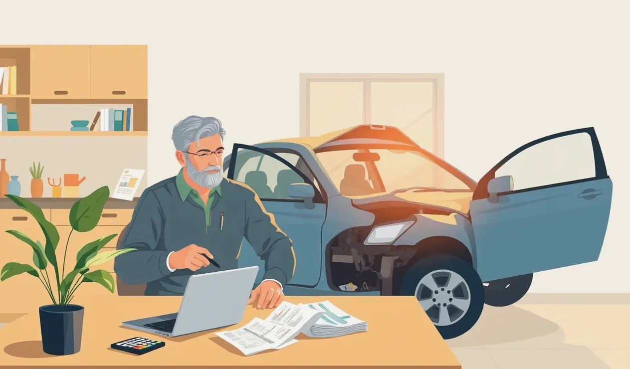 Obhliadka poškodenej prednej časti osobného automobilu likvidátorom poistných udalostí