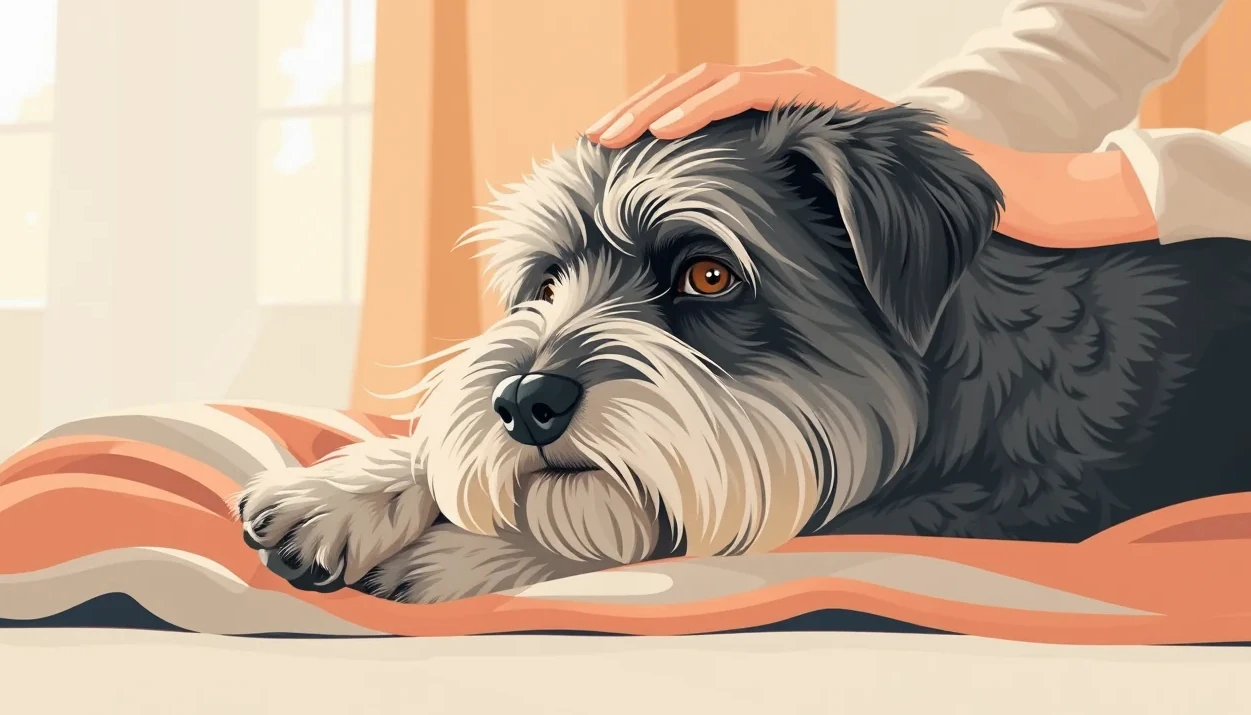 Starší pes oddychujúci na koberci vedľa veterinárneho preukazu