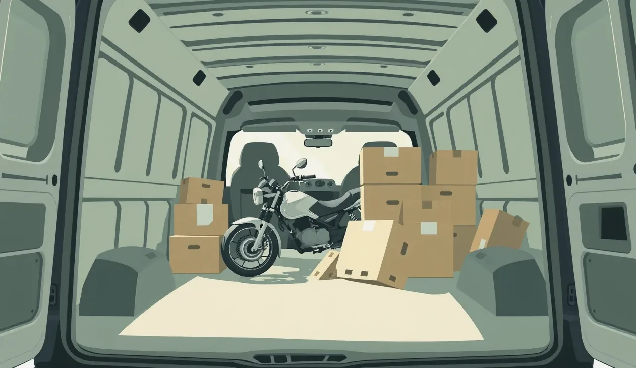 Upevnený stavebný náklad na ložnej ploche dodávkového automobilu