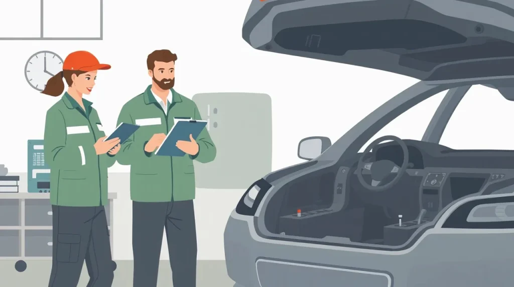 Seniorský manželský pár si prezerá nabíjací kábel a poistné dokumenty k novému elektromobilu