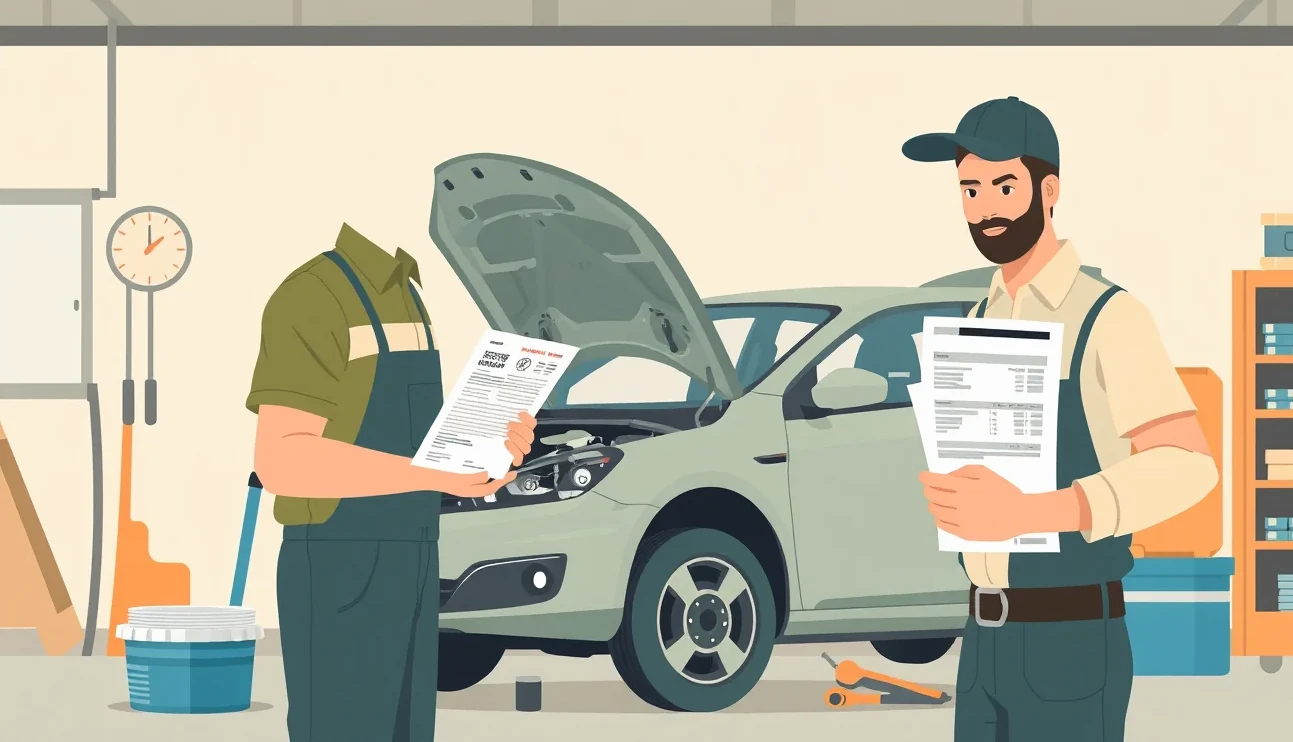 Prijímací technik v autoservise preberá dokumenty k oprave vozidla na krycí list