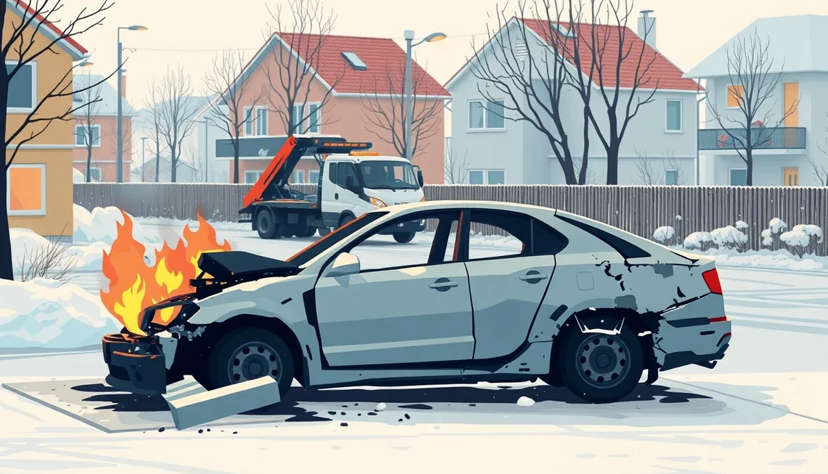 Obhorené zaparkované auto na sídliskovom parkovisku s poškodeným predným nárazníkom
