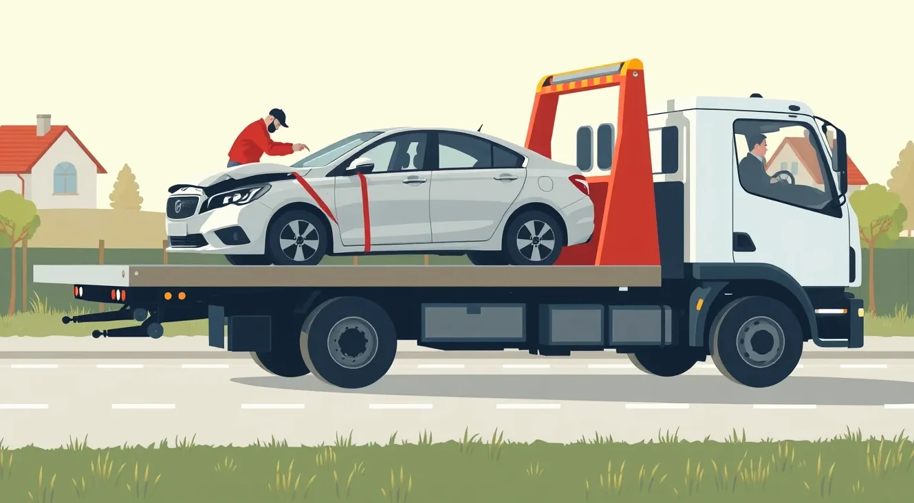 Žlté odťahové vozidlo nakladá nepojazdné osobné auto na krajnici cesty