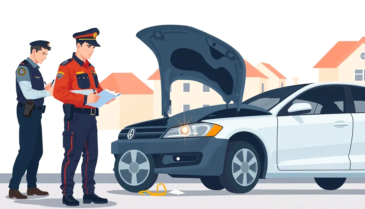 Policajná hliadka dokumentuje stopy vlámania a vypáčenú kapotu osobného auta