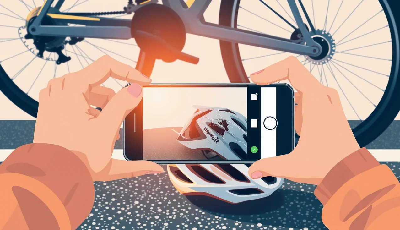 Cyklista vypĺňa záznam o nehode a kontroluje poškodené koleso na kraji cesty