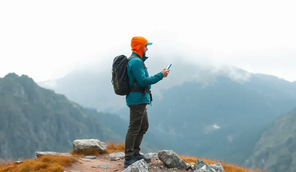 Turista drží mobilný telefón so zobrazenou mapou a odosiela núdzovú správu v horskom teréne