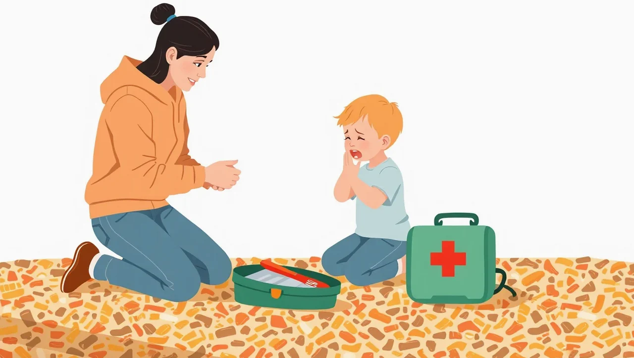 Drevená preliezačka a hojdačky na verejnom detskom ihrisku s bezpečnostnou dopadovou plochou
