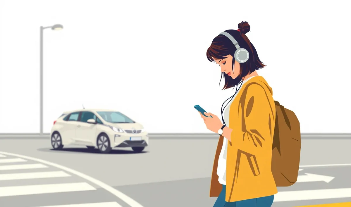 Vodič osobného auta po nehode telefonuje pri zapnutých výstražných svetlách pred priechodom pre chodcov
